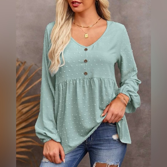 SHEIN Swiss Dot Button Detail Latern Sleeve Peplum Blouse Mint Green size Small - Picture 11 of 11
